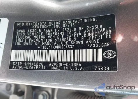 2017 Toyota Camry Hybrid Xle из США, поврежденный, VIN 4T1BD1FK8HU204637